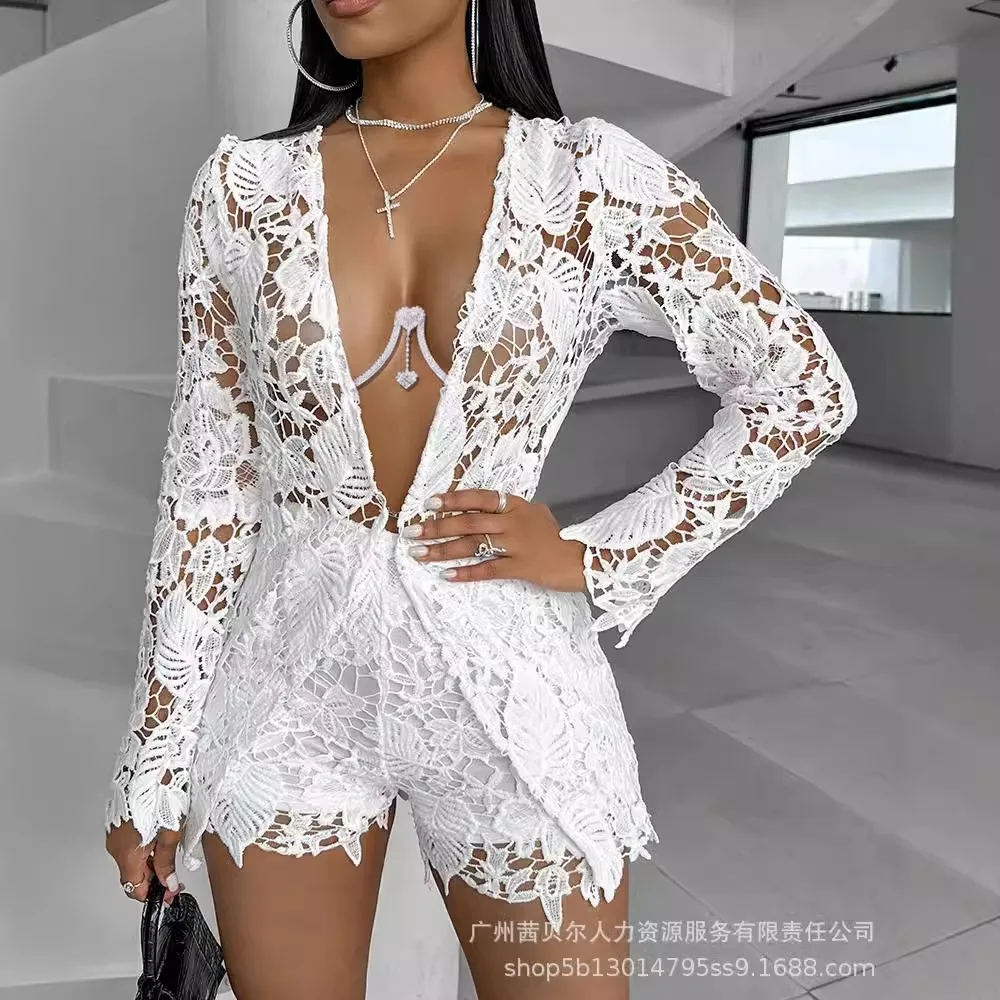 Linen Shirt Breathable - ผู้หญิงเซ็กซี่สั้นชุด Hollow OUT TOP Lace Spliced