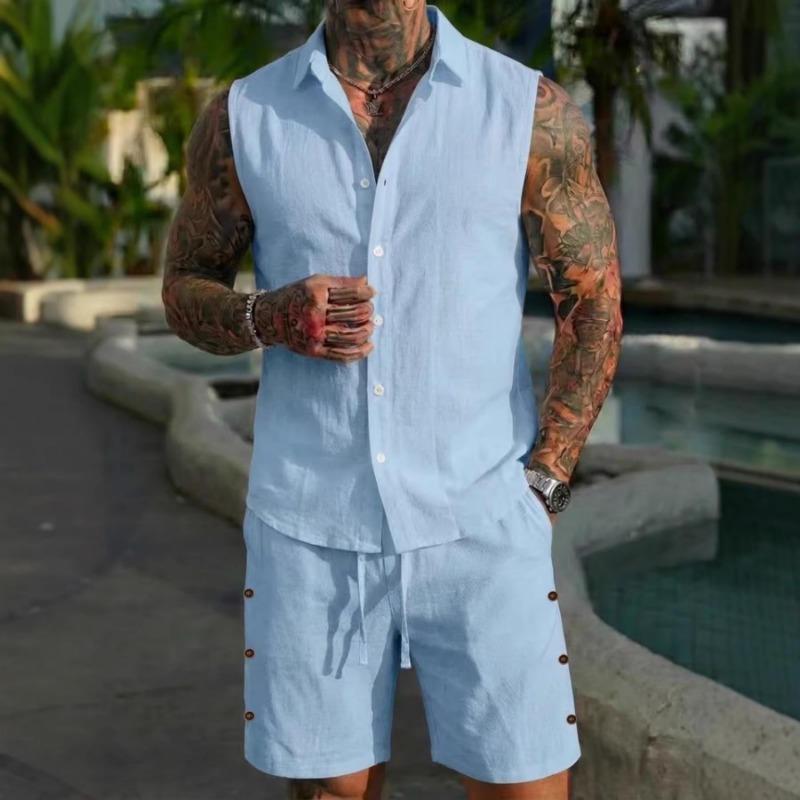 Short Linen Drawstring - ชุดเซ็ต 2 ชิ้นสำหรับผู้ชาย ผ้าลินินเนื้อสัมผัสพิเศษ เสื้อแขนกุดติดกระดุม กางเกงขาสั้นเอวยางยืด