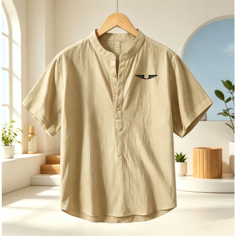 Linen Shirt Breathable - เสื้อเชิ้ตแขนสั้นคอเฮนลีย์ผ้าฝ้ายและผ้าลินินสำหรับผู้ชาย พิมพ์ลายระบายอากาศได้ดี สวมใส่สบาย ทรงหลวม น้ำหนักเบา
