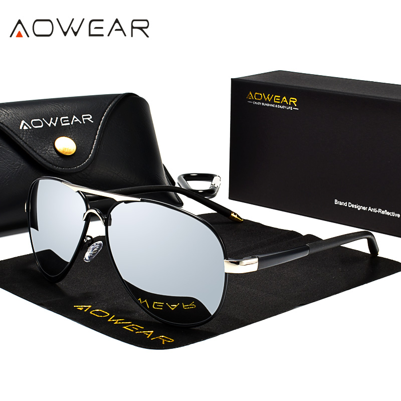 Sunglasses Aviator Polarized - AOWEAR ผู้ชายแว่นตากันแดดผู้ชายแว่นตากันแดดกระจกโพลาไรซ์สําหรับ Man HD ขับรถนักบินดวงอาทิตย์แว่นตา lunettes