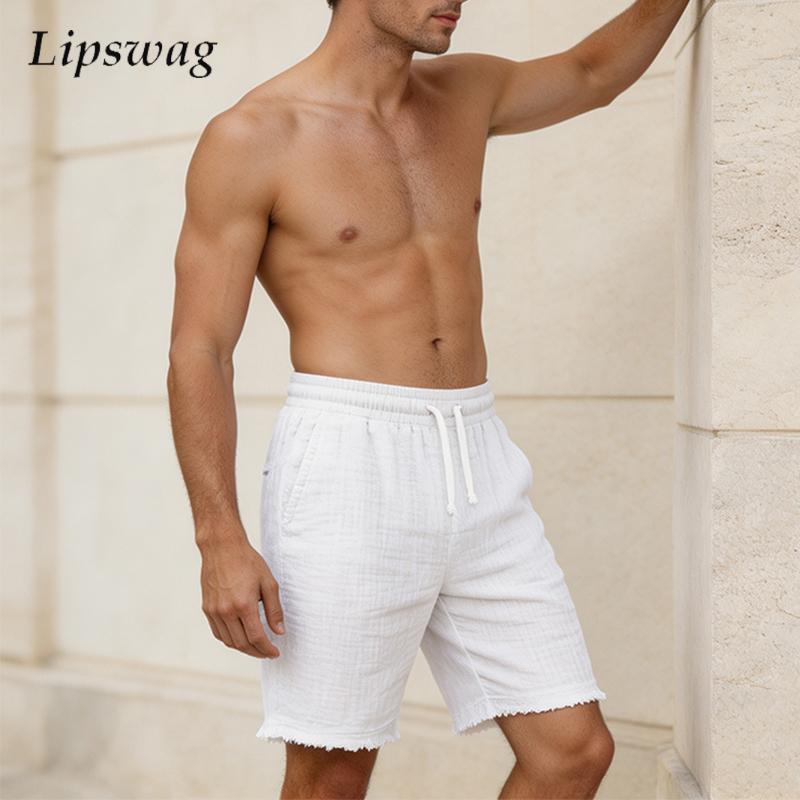 Short Linen Drawstring - กางเกงขาสั้นผ้าลินินขาดๆ แบบแฟชั่นสำหรับผู้ชาย สวมใส่สบายๆ สีพื้น ระบายอากาศได้ดี ทรงหลวม