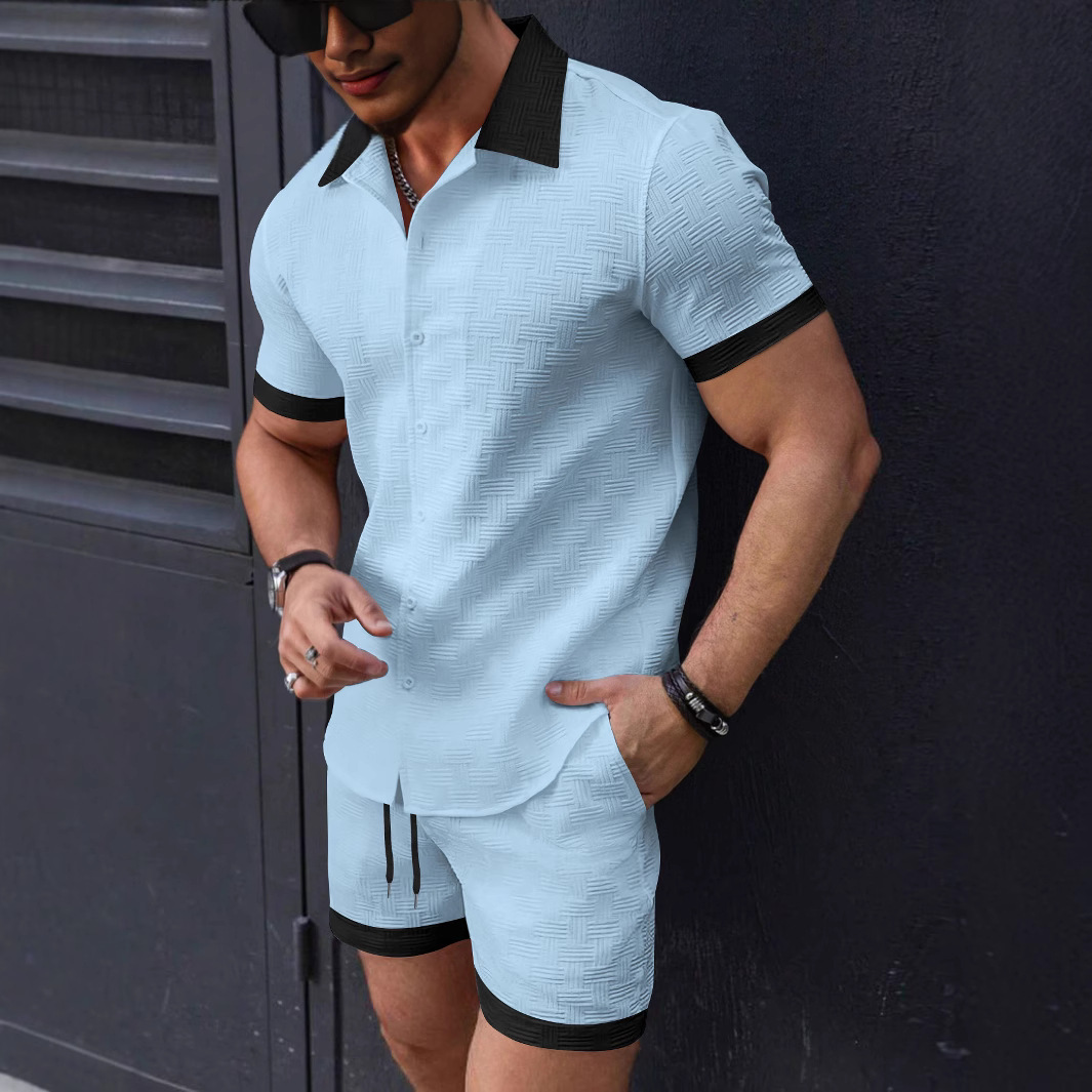 Short Linen Drawstring - ชุดเซ็ตเข้าชุดกัน แฟชั่นผู้ชาย เสื้อเชิ้ตลินินแขนสั้นลายแจ็คการ์ด และกางเกงขาสั้น ชุด 2