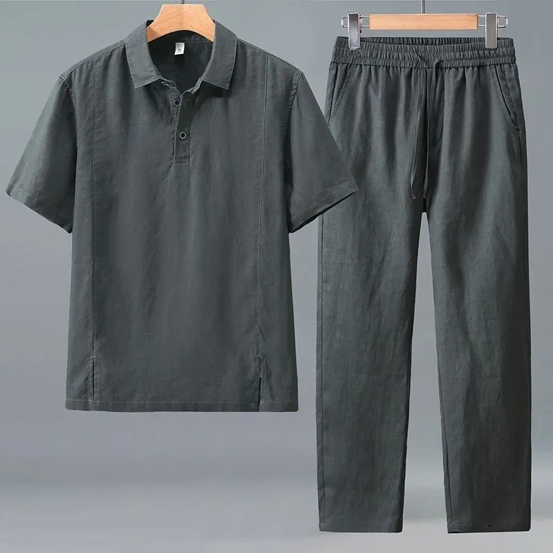 Short Linen Drawstring - ชุดเซ็ตผ้าลินินสองชิ้นสำหรับผู้ชายไซส์ใหญ่ ใส่สบายช่วงฤดูร้อน เสื้อแขนสั้นปกเชิ้ตหลวม กางเกงขายาวรูดเชือก ชุดลำลองใส่ได้ทุกวัน ไซส์