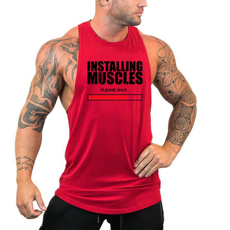 Tank Top Muscle - การติดตั้งกล้ามเนื้อ Please Wait พิมพ์เสื้อกั๊กฟิตเนสวิ่งผ้าฝ้าย Breathable Tank