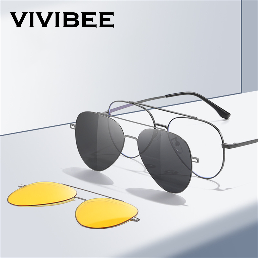 Sunglasses Aviator Polarized - VIVIBEE การบินคลิปโพลาไรซ์แม่เหล็กบนแว่นตากันแดดนักบินชาย Night Vision กรอบแว่นตา UV400