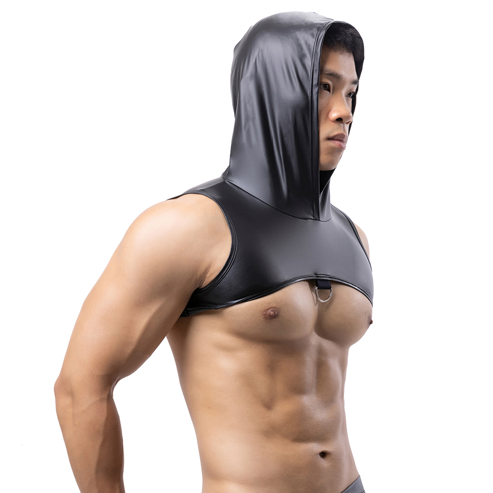 Tank Top Muscle - ผู้ชายหนัง Faux Hooded Fitness Tank Tops