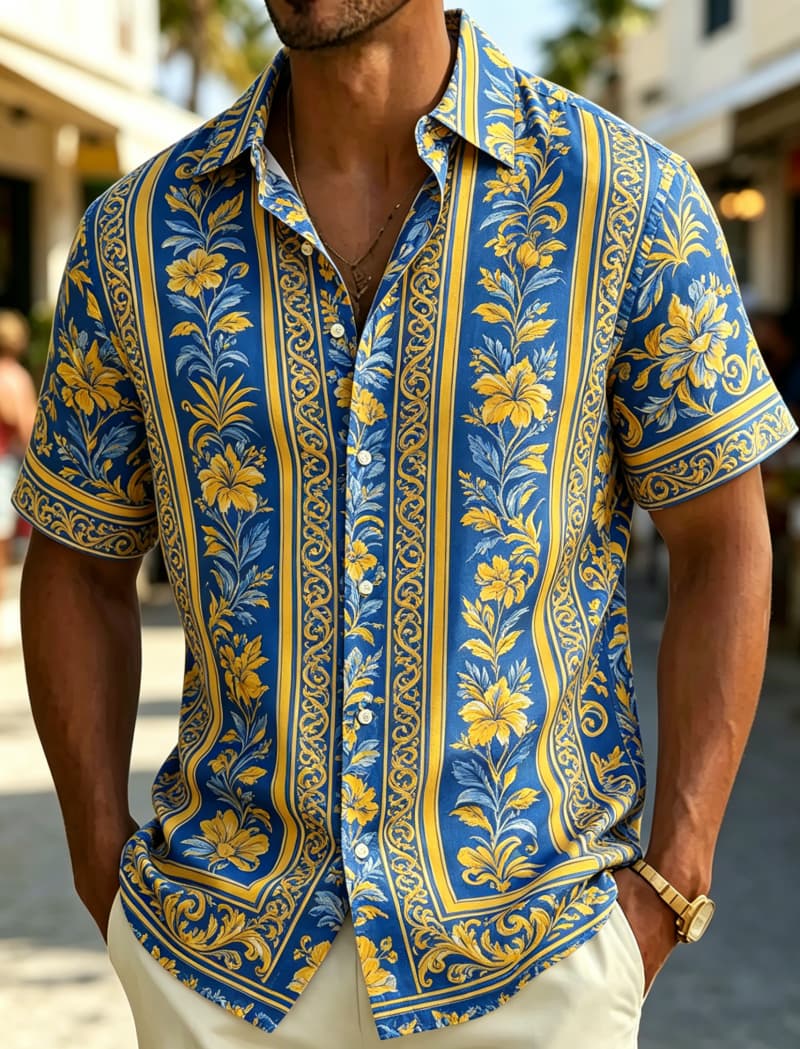 Resort Shirt Floral - เสื้อเชิ้ตแขนสั้นผู้ชาย คอปก ลายพิมพ์ดอกไม้สไตล์บาโรก วินเทจ ติดกระดุม สไตล์ลำลอง