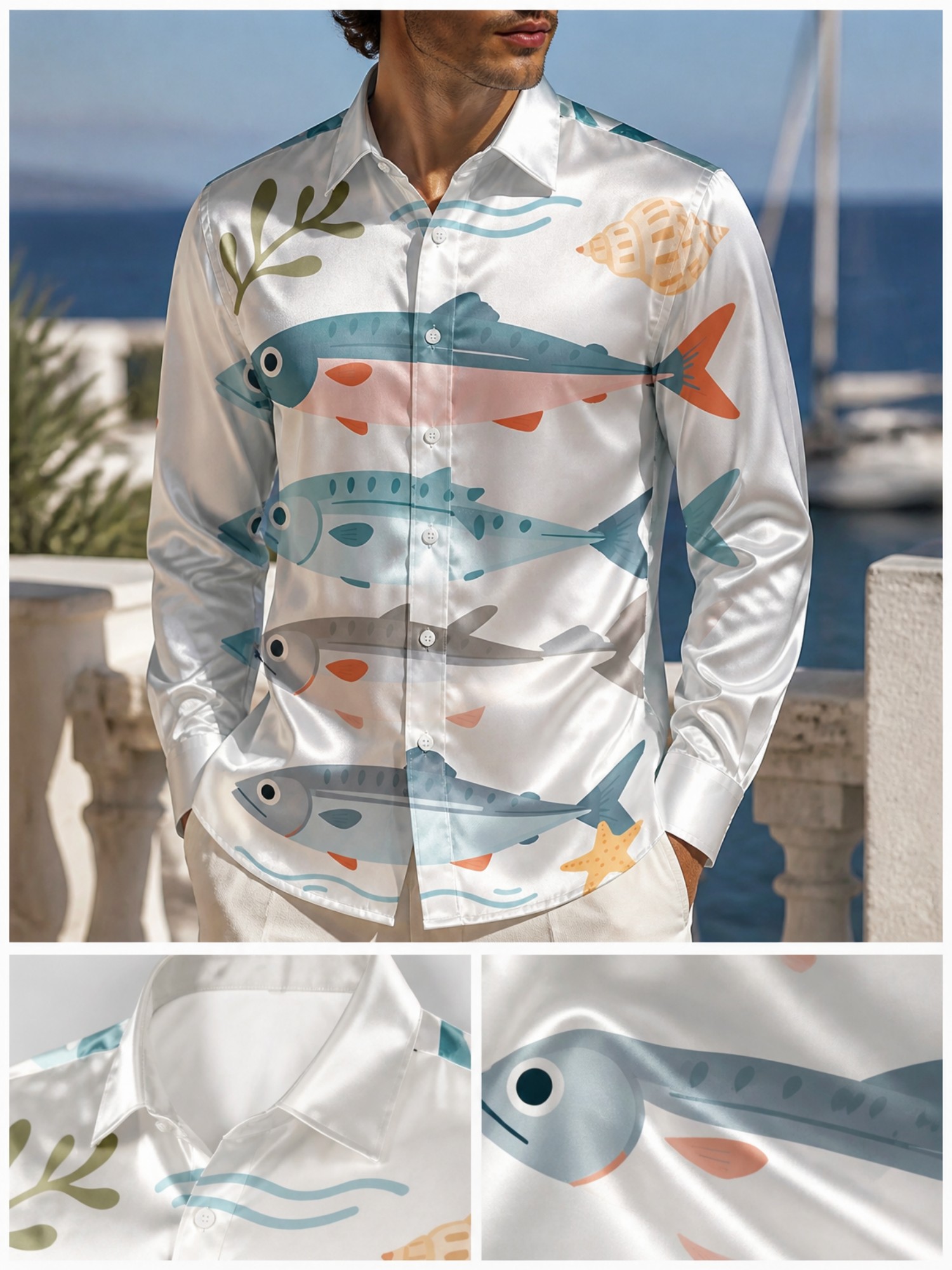 Resort Shirt Floral - เสื้อเชิ้ตผู้ชายผ้าซาตินหรูหรา แขนยาว มีปก เนื้อผ้านุ่มเงา น้ำหนักเบา เหมาะสำหรับงานปาร์ตี้