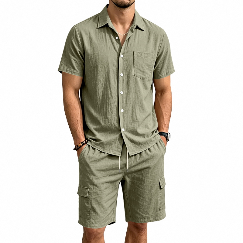 Linen Shirt Breathable - ชุดเซ็ตผ้าลินินสไตล์อเมริกันสำหรับผู้ชาย เสื้อแขนสั้น กางเกงขาสั้นทรงคาร์โก้ มีเชือกผูกเอว ใส่สบายๆ เหมาะสำหรับกิจกรรมกลางแจ้ง