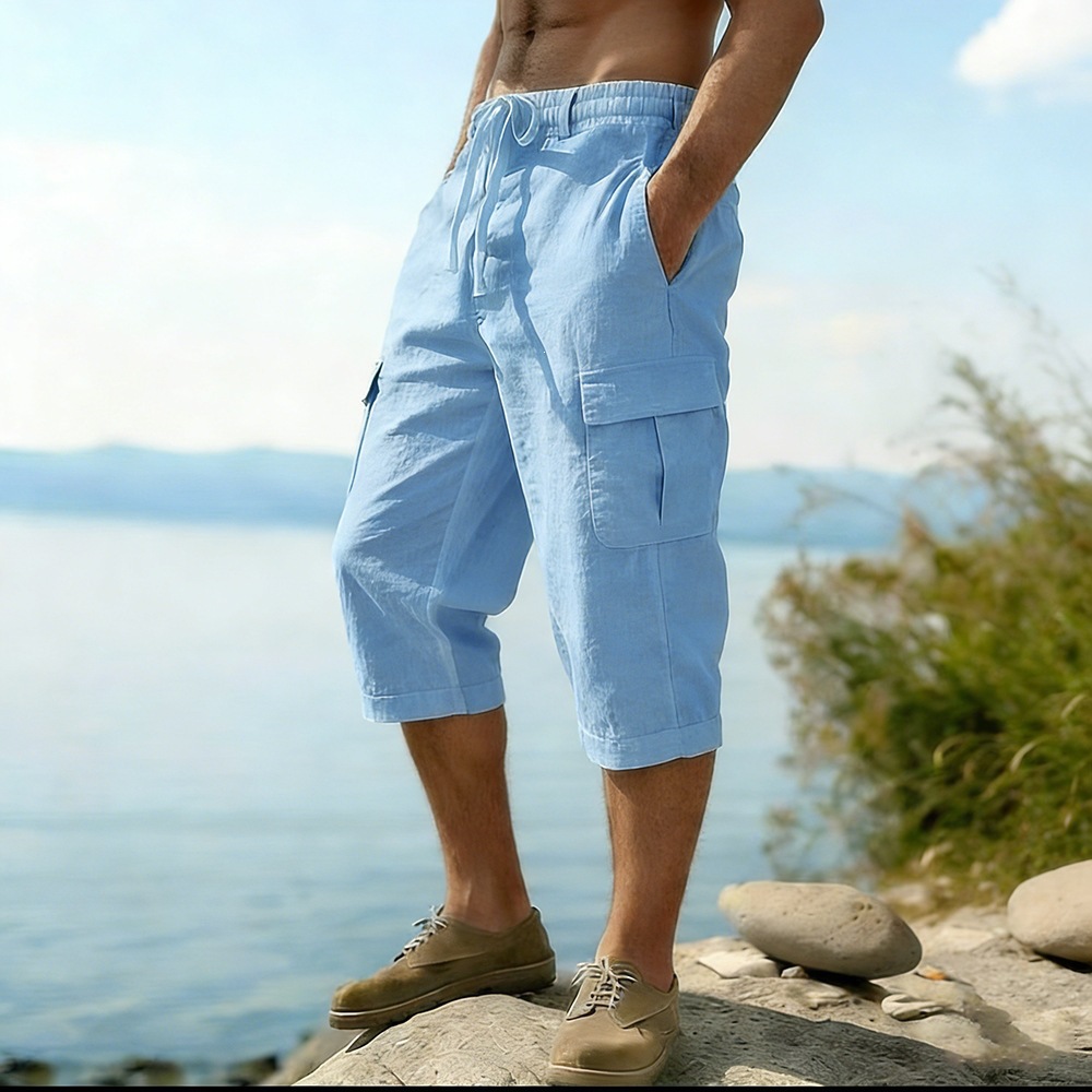 Short Linen Drawstring - กางเกงขาสั้นผ้าฝ้ายลินินสำหรับผู้ชาย สไตล์เรโทร มีกระเป๋าหลายช่อง ทรงหลวม สวมใส่สบาย ระบายอากาศได้ดี