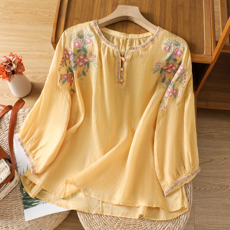 เสื้อผ้าผู้หญิงสไตล์จีนเสื้อวิ - Linen Shirt Breathable บทวิจารณ์และราคา