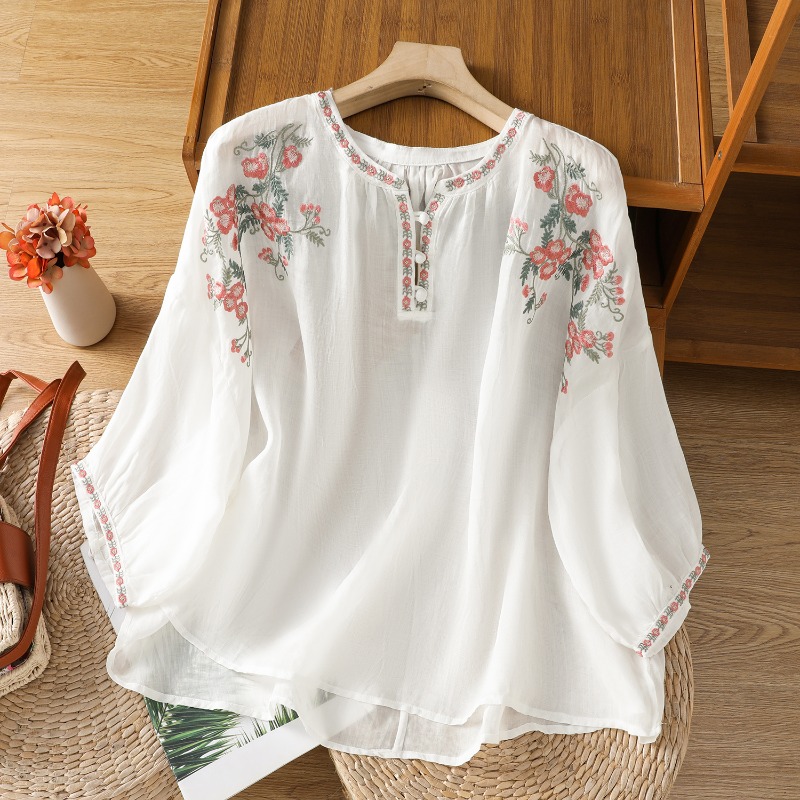 เสื้อผ้าผู้หญิงสไตล์จีนเสื้อวิ - Linen Shirt Breathable บทวิจารณ์และราคา