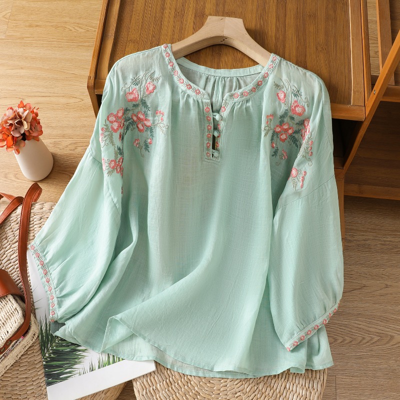 เสื้อผ้าผู้หญิงสไตล์จีนเสื้อวิ - Linen Shirt Breathable บทวิจารณ์และราคา