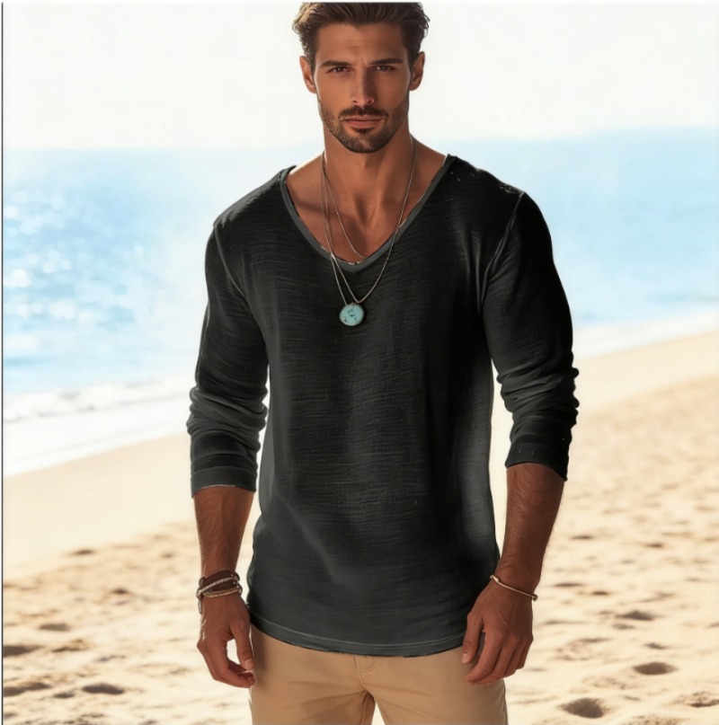 เสื้อยืดแขนยาวคอวีผ้าลินินผสมส - Linen Shirt Breathable บทวิจารณ์และราคา