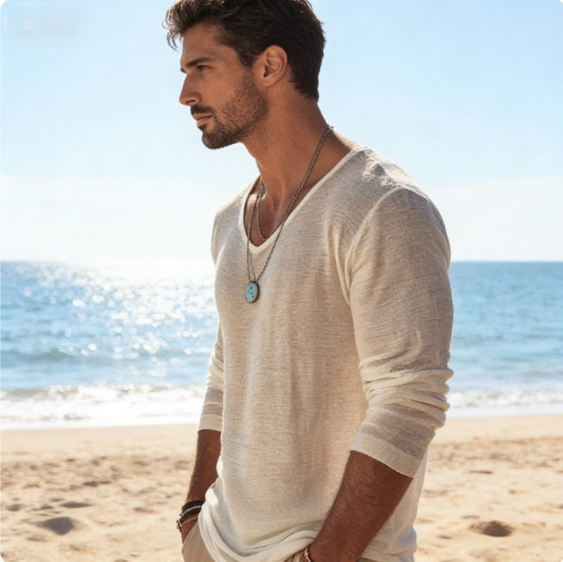 เสื้อยืดแขนยาวคอวีผ้าลินินผสมส - Linen Shirt Breathable บทวิจารณ์และราคา