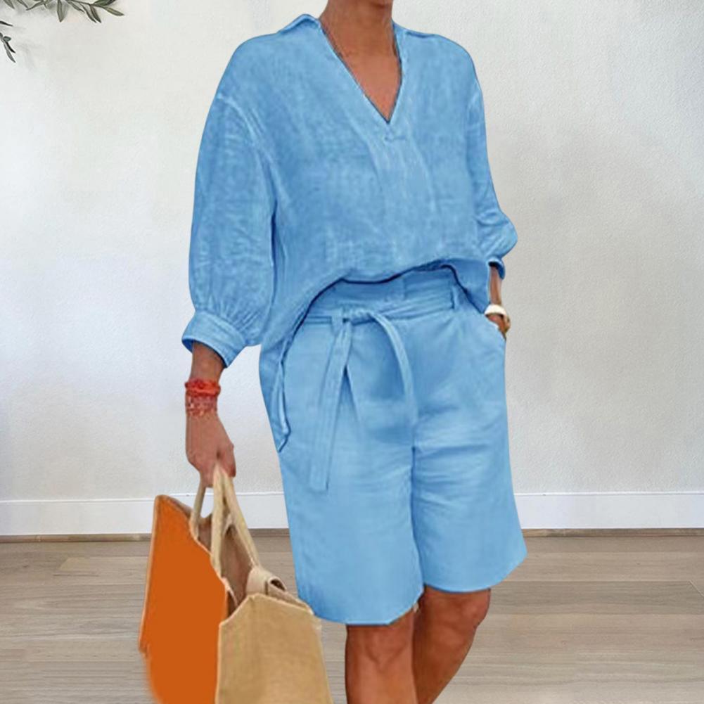 ชุดเซ็ตสองชิ้นผ้าฝ้ายลินินสำหร - Linen Shirt Breathable บทวิจารณ์และราคา
