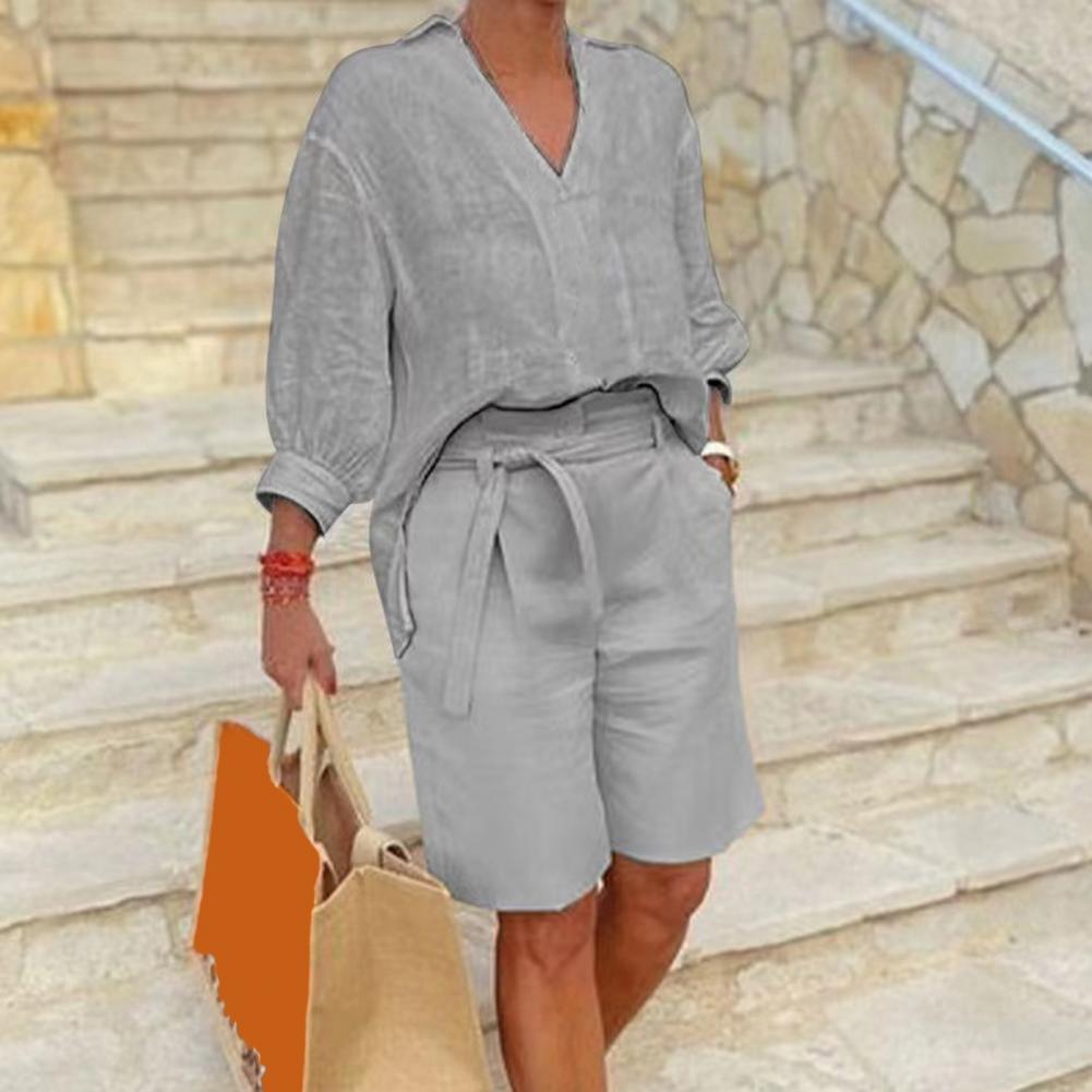 ชุดเซ็ตสองชิ้นผ้าฝ้ายลินินสำหร - Linen Shirt Breathable บทวิจารณ์และราคา