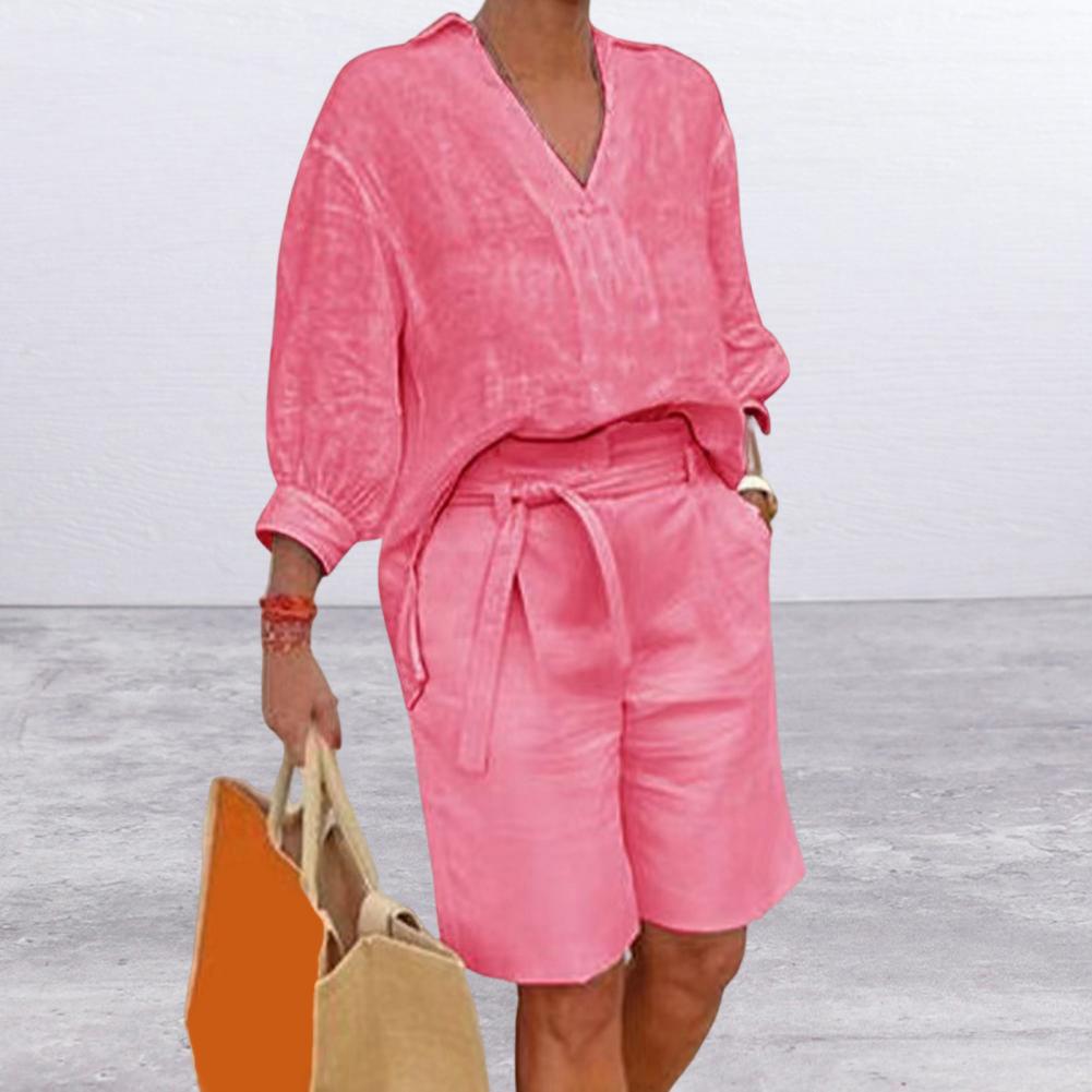ชุดเซ็ตสองชิ้นผ้าฝ้ายลินินสำหร - Linen Shirt Breathable บทวิจารณ์และราคา