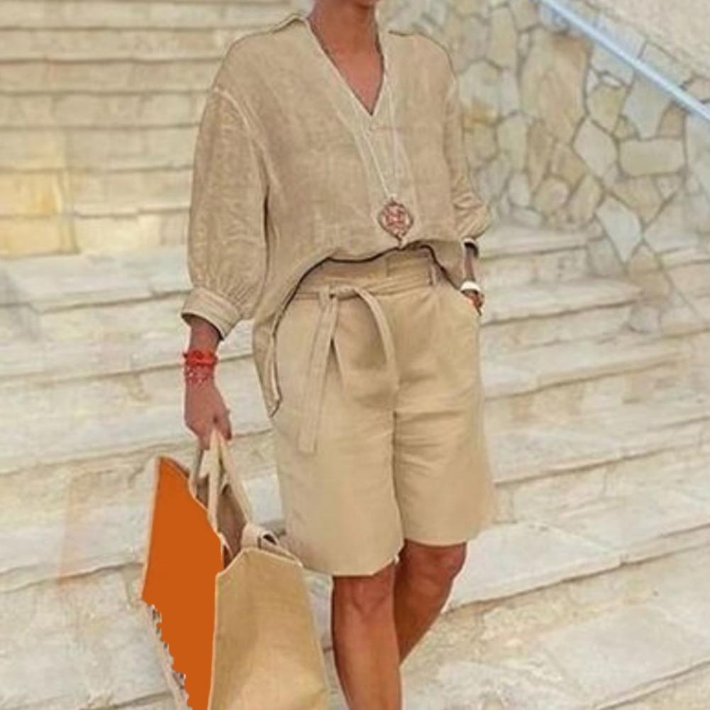 ชุดเซ็ตสองชิ้นผ้าฝ้ายลินินสำหร - Linen Shirt Breathable บทวิจารณ์และราคา