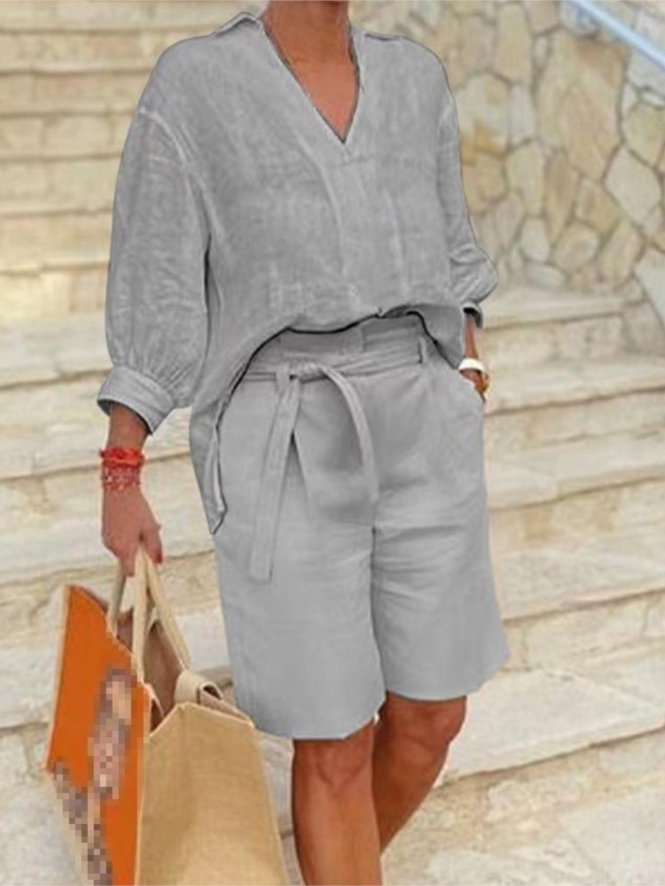 ผู้หญิงชุดสไตล์หรูหรา 2 ชิ้นชุ - Linen Shirt Breathable บทวิจารณ์และราคา