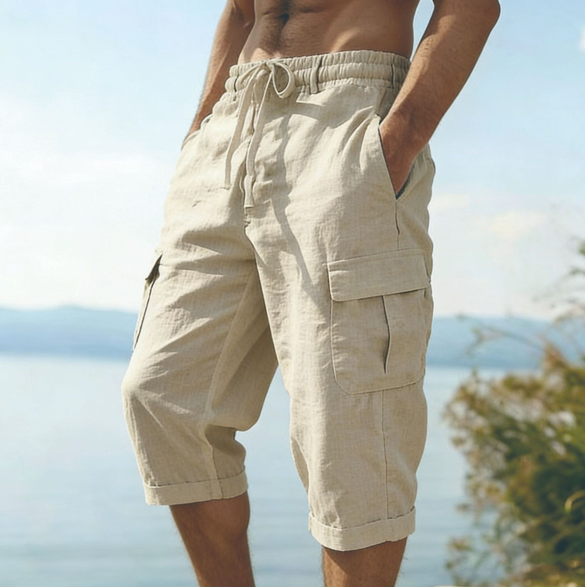 กางเกงขาสั้นผ้าฝ้ายลินินสำหรับ - Short Linen Drawstring บทวิจารณ์และราคา