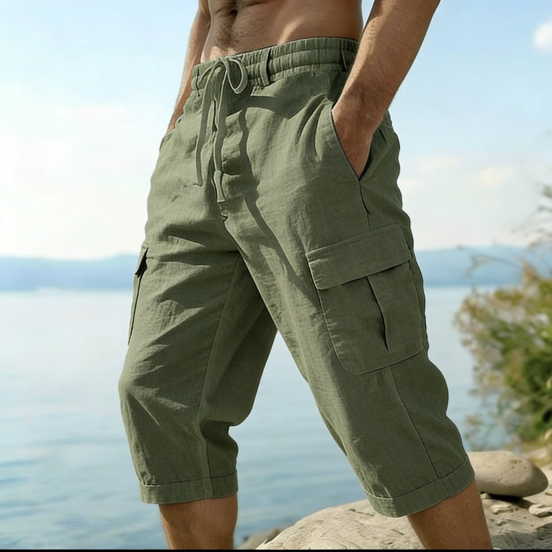 กางเกงขาสั้นผ้าฝ้ายลินินสำหรับ - Short Linen Drawstring บทวิจารณ์และราคา